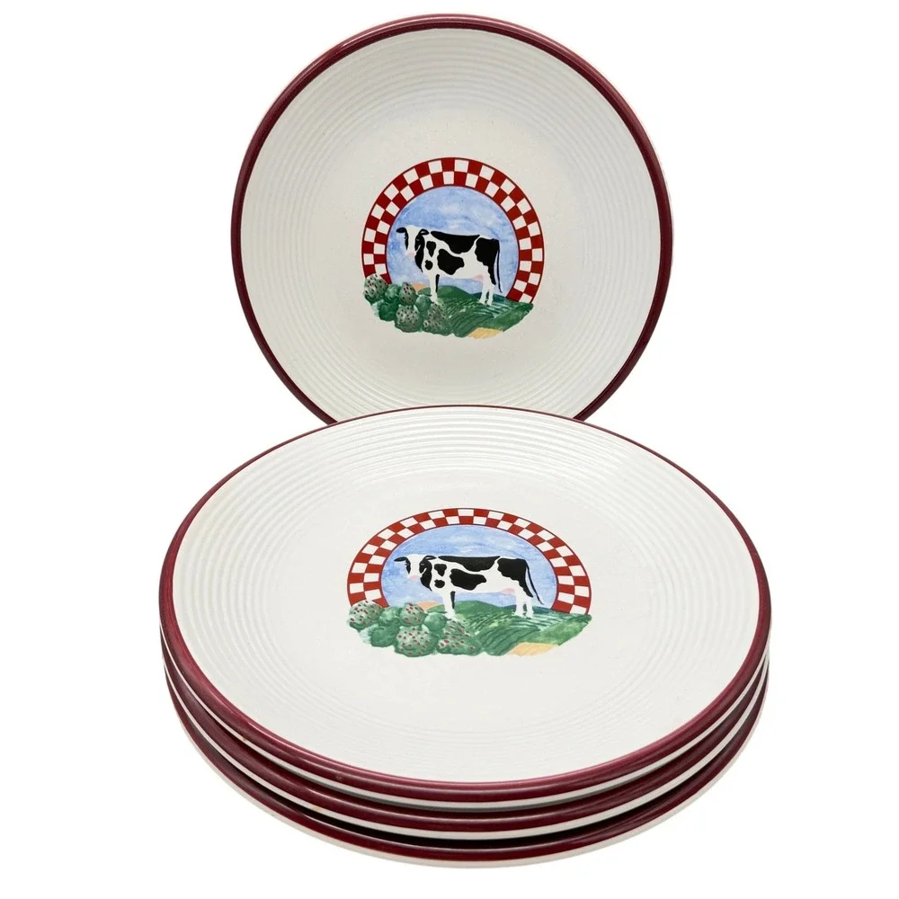 Century Stoneware Fannies Farm Cow Dinner Plates Set of 4 Red Checkered 11.25 in